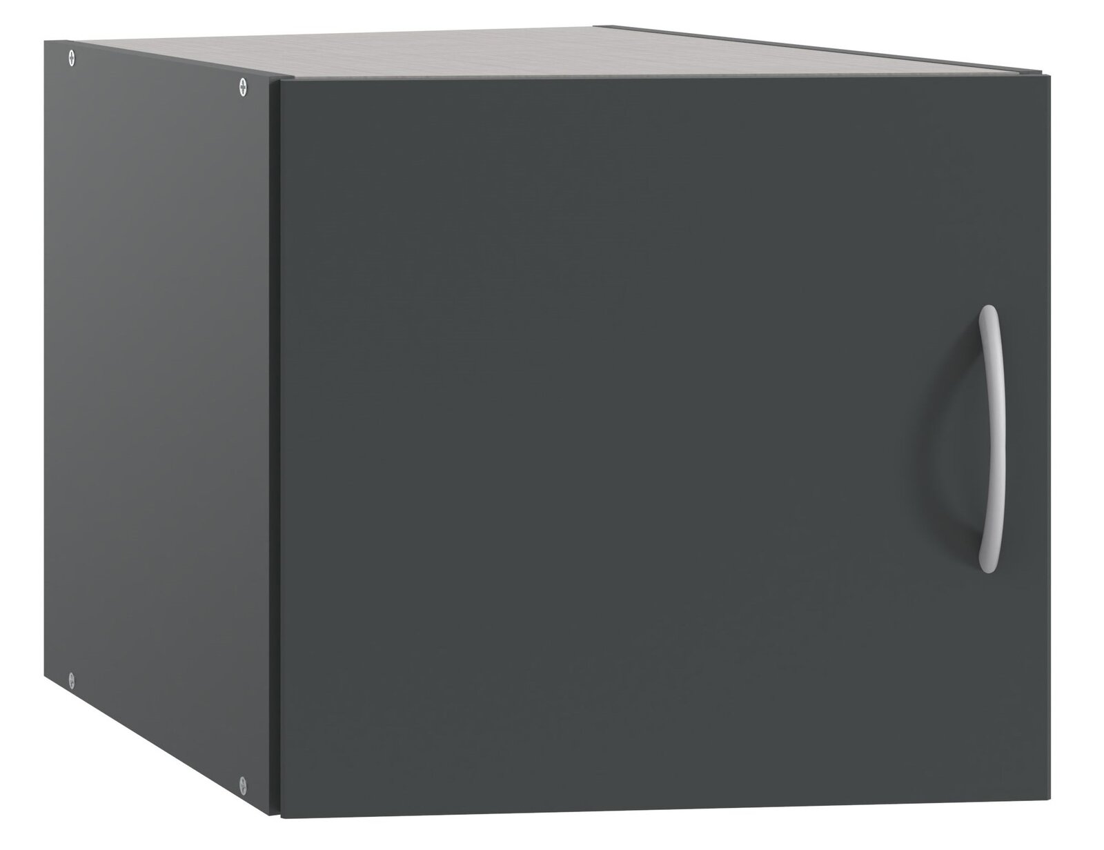 XORA Aufsatz T54 für Schrägschrank MULTIRAUMKONZEPT Schwarzer Aufsatz T54 für Schrankschräge, perspektivische Ansicht von vorne links mit silbernem Griff.