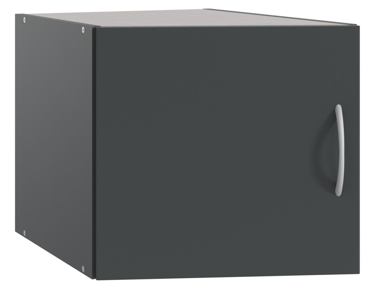 Schwarzer Aufsatz T54 für Schrankschräge, perspektivische Ansicht von vorne links mit silbernem Griff.