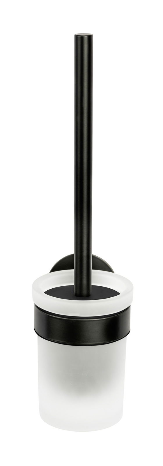 WC-Garnitur Meleto in Schwarz, frontal abgebildet mit schwarzem Stiel und weißem Behälter.