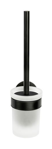 WC-Garnitur Meleto in Schwarz, frontal abgebildet mit schwarzem Stiel und weißem Behälter.