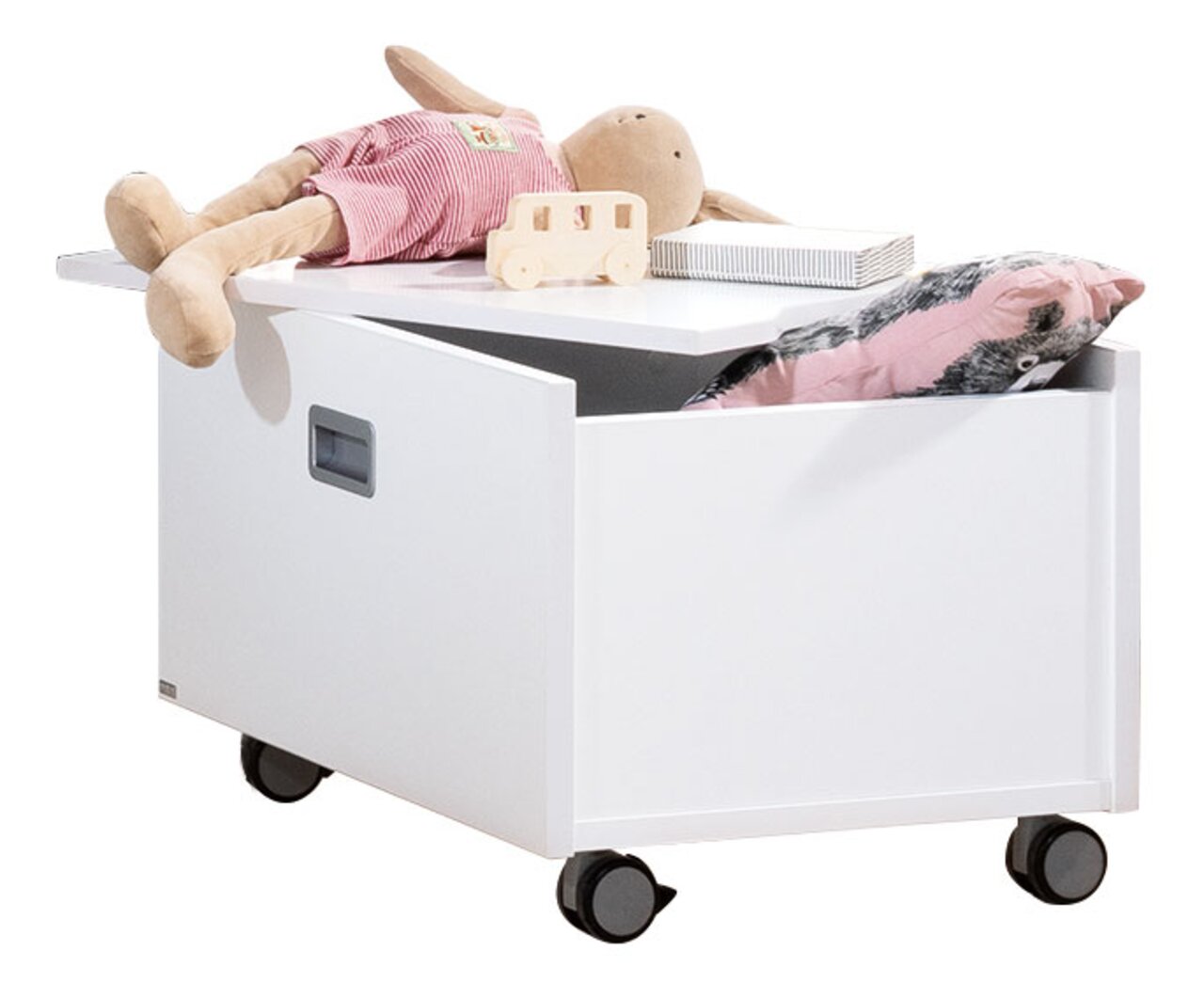 Weiße Rollbox mit Spielzeug und Kissen, seitliche Perspektive