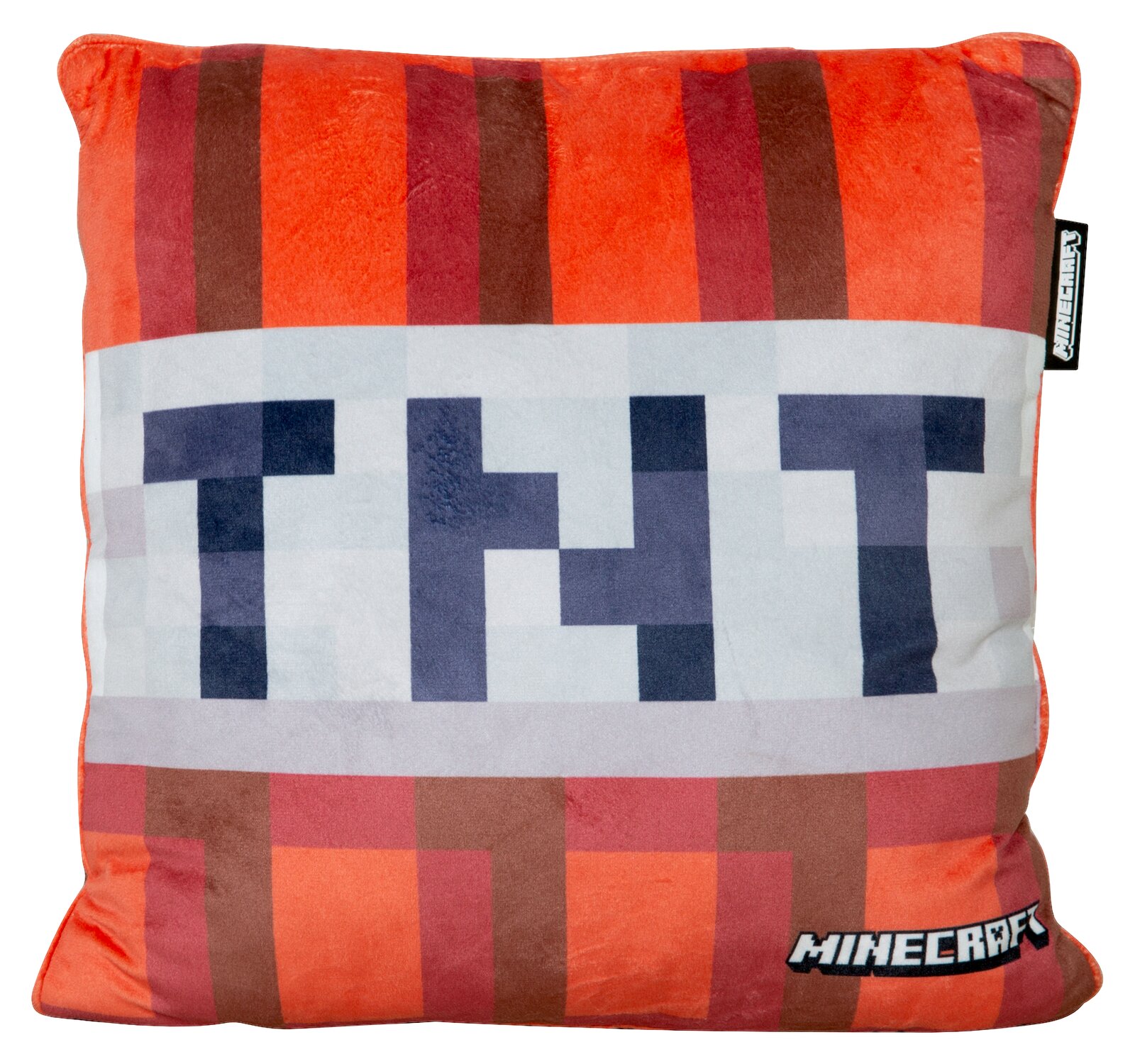 Minecraft TNT Deko-Kissen in Rot-Orange mit pixeligem TNT-Schriftzug, Vorderansicht frontal vor weißem Hintergrund