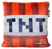 Minecraft TNT-sierkussen in rood-oranje met pixelachtig TNT-opschrift, vooraanzicht tegen een witte achtergrond