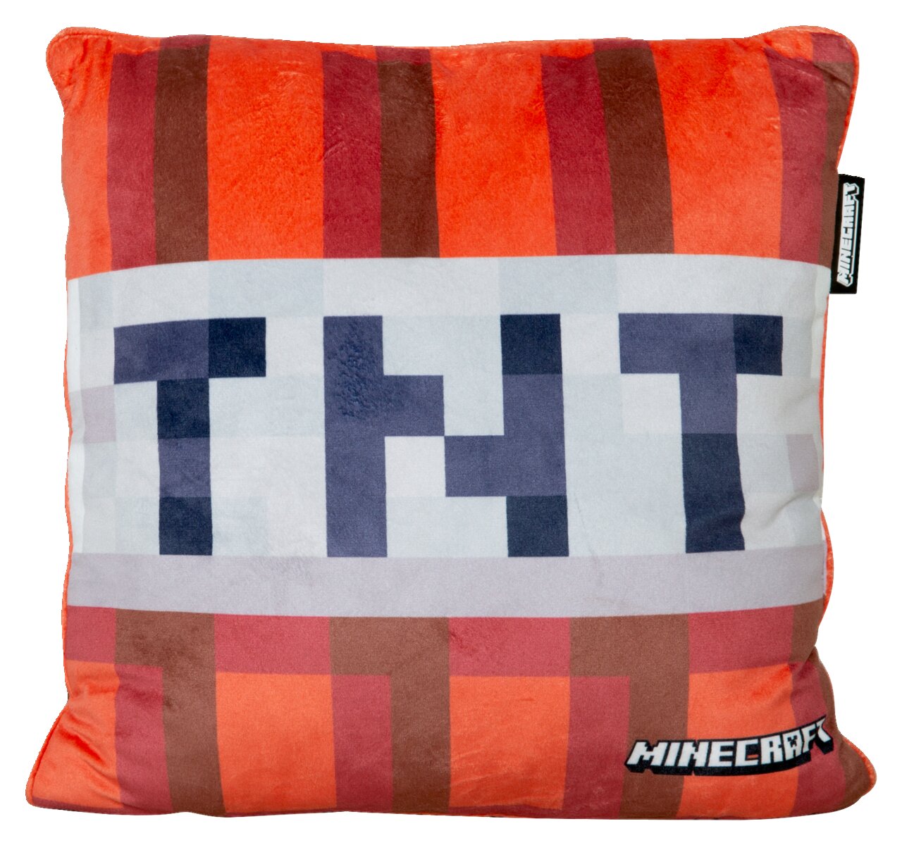 Minecraft TNT-sierkussen in rood-oranje met pixelachtig TNT-opschrift, vooraanzicht tegen een witte achtergrond