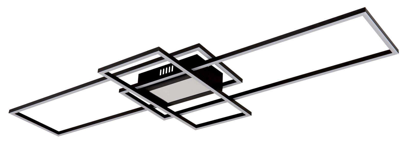 Moderne Deckenleuchte mit geometrischem Design aus schwarzen und weißen rechteckigen Rahmen, seitliche Perspektive