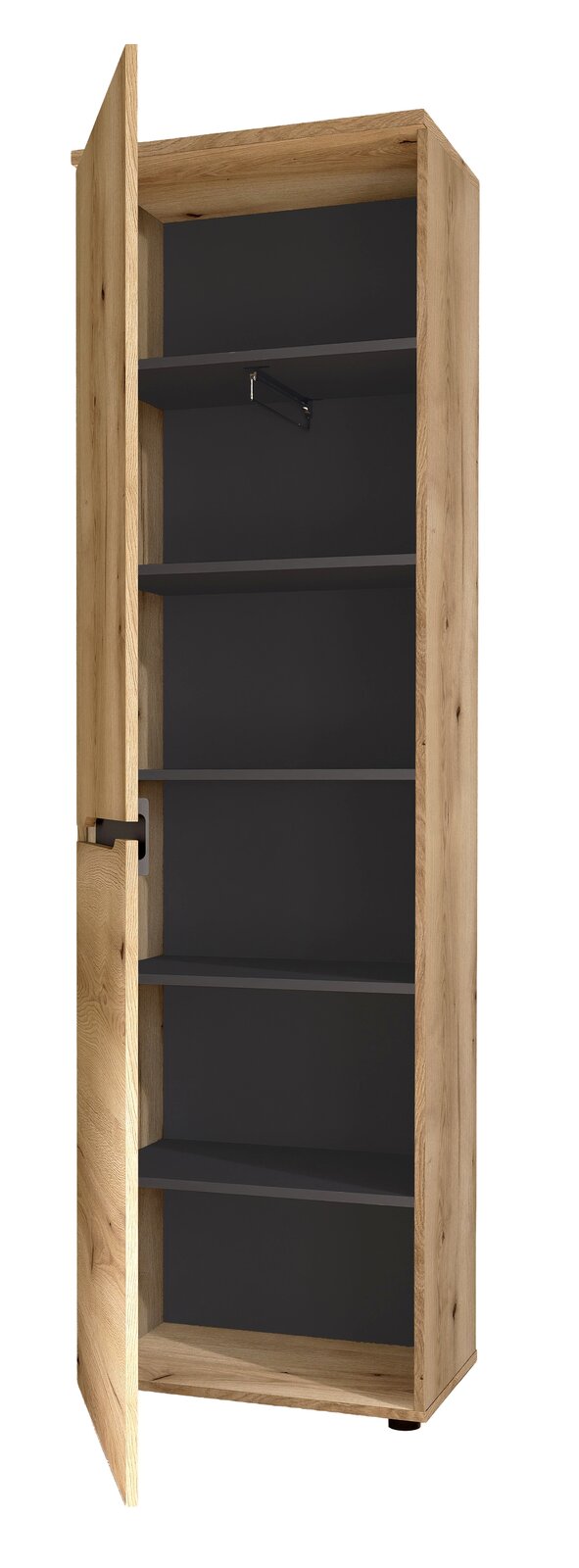 Offener XL-Schuh- und Garderobenschrank aus Holz mit mehreren Regalböden, seitliche Perspektive