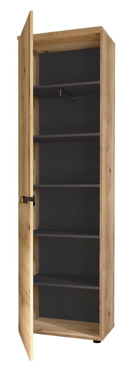 Offener XL-Schuh- und Garderobenschrank aus Holz mit mehreren Regalböden, seitliche Perspektive