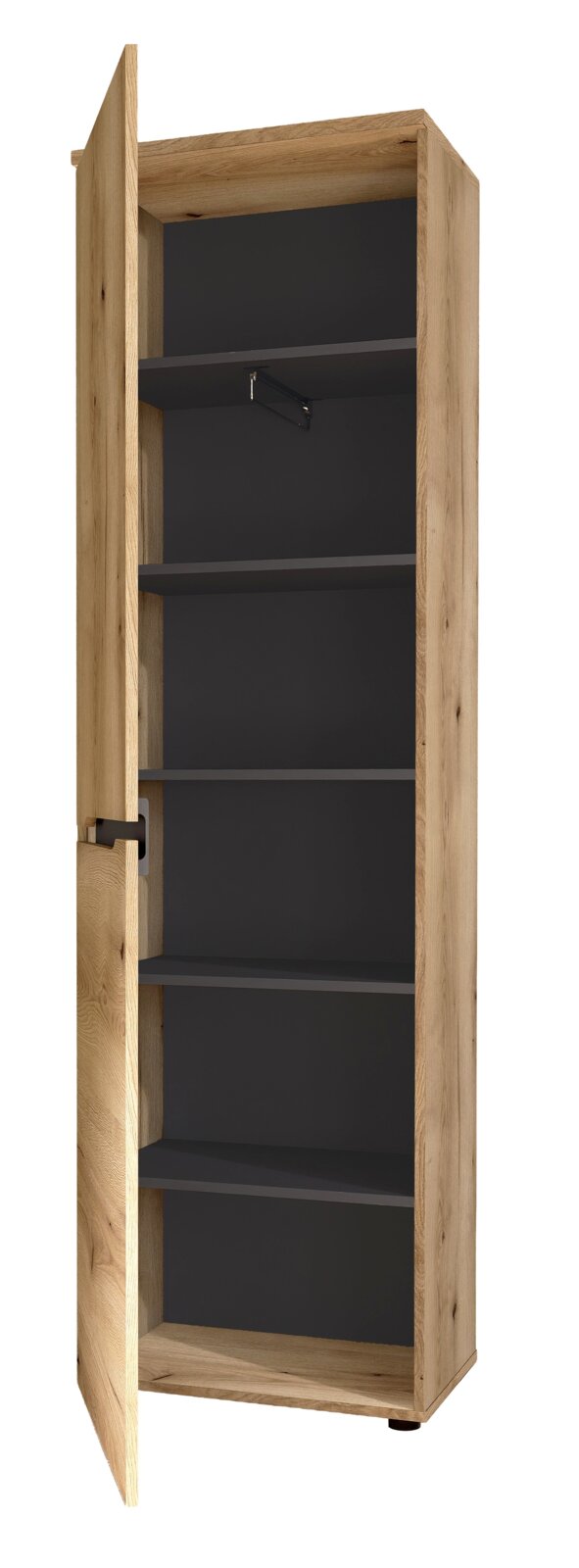 Offener XL-Schuh- und Garderobenschrank aus Holz mit mehreren Regalböden, seitliche Perspektive