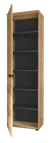 Offener XL-Schuh- und Garderobenschrank aus Holz mit mehreren Regalböden, seitliche Perspektive