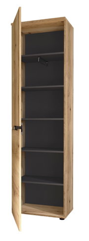 Open XL-schoenen- en garderobekast van hout met meerdere planken, zijaanzicht
