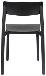 Rückansicht eines modernen schwarzen Stuhls mit schlichtem Design und geraden Linien.