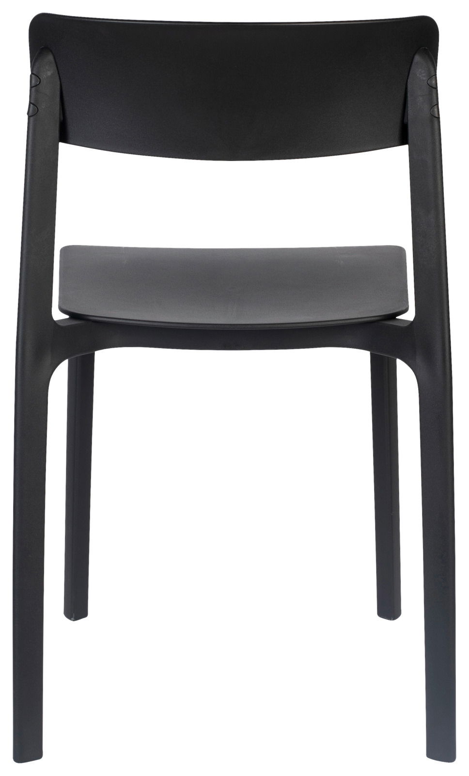 Rückansicht eines modernen schwarzen Stuhls mit schlichtem Design und geraden Linien.