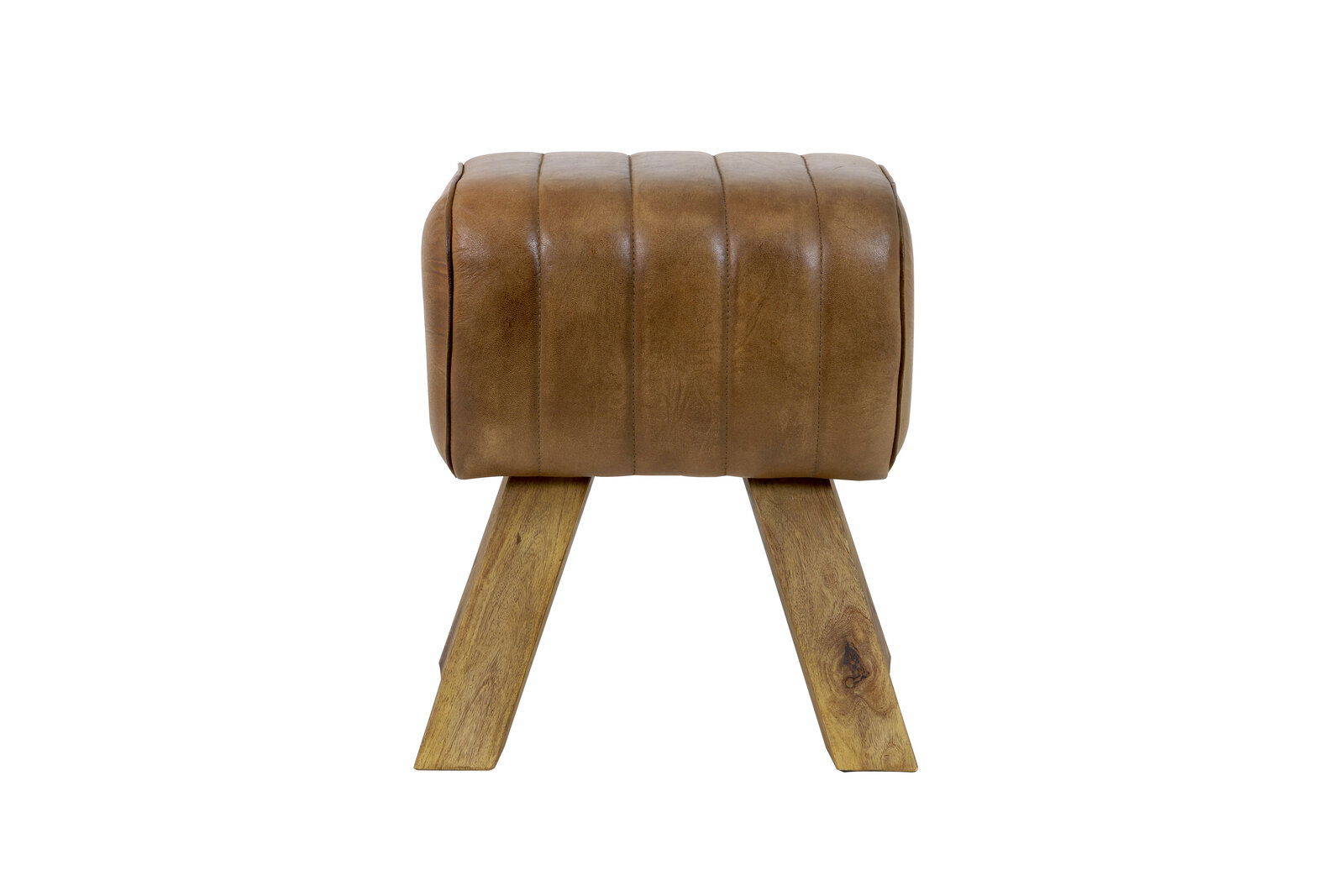 Hocker aus braunem Leder mit Holzbeinen, seitliche Perspektive