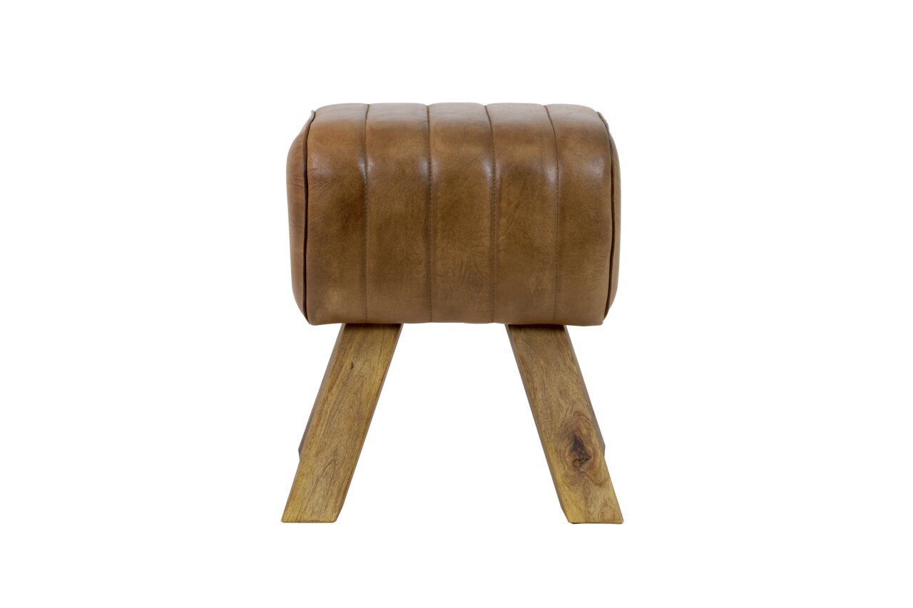 Hocker aus braunem Leder mit Holzbeinen, seitliche Perspektive