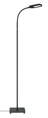 Schwarze LED Stehleuchte mit flexiblem Hals und modernem Design, seitliche Perspektive