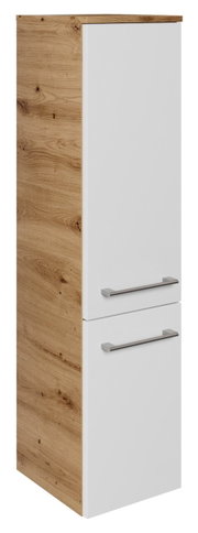 Midischrank 30,2 cm in Holzoptik mit weißen Türen und silbernen Griffen, seitliche Perspektive