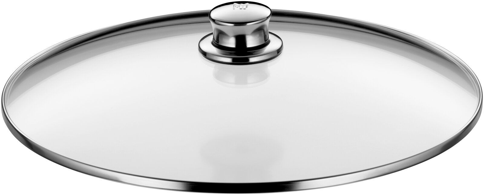 Glasdeckel mit Edelstahlrand und Griff, seitliche Perspektive