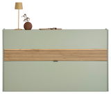 Moderner Schuhschrank Voleo RIO in mintgrün mit Holzstreifen, frontal fotografiert, dekoriert mit Lampe und Vase.