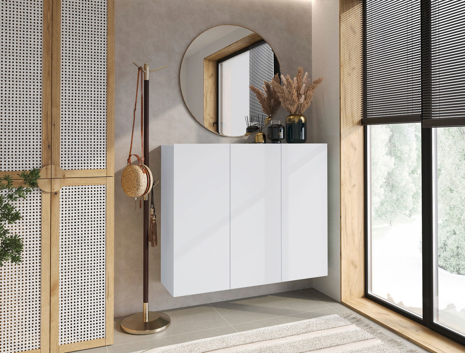 Hom´in Hangende schoenenkast NEWNIQ Moderner weißer Hängeschuhschrank in einem stilvollen Flur, seitliche Perspektive