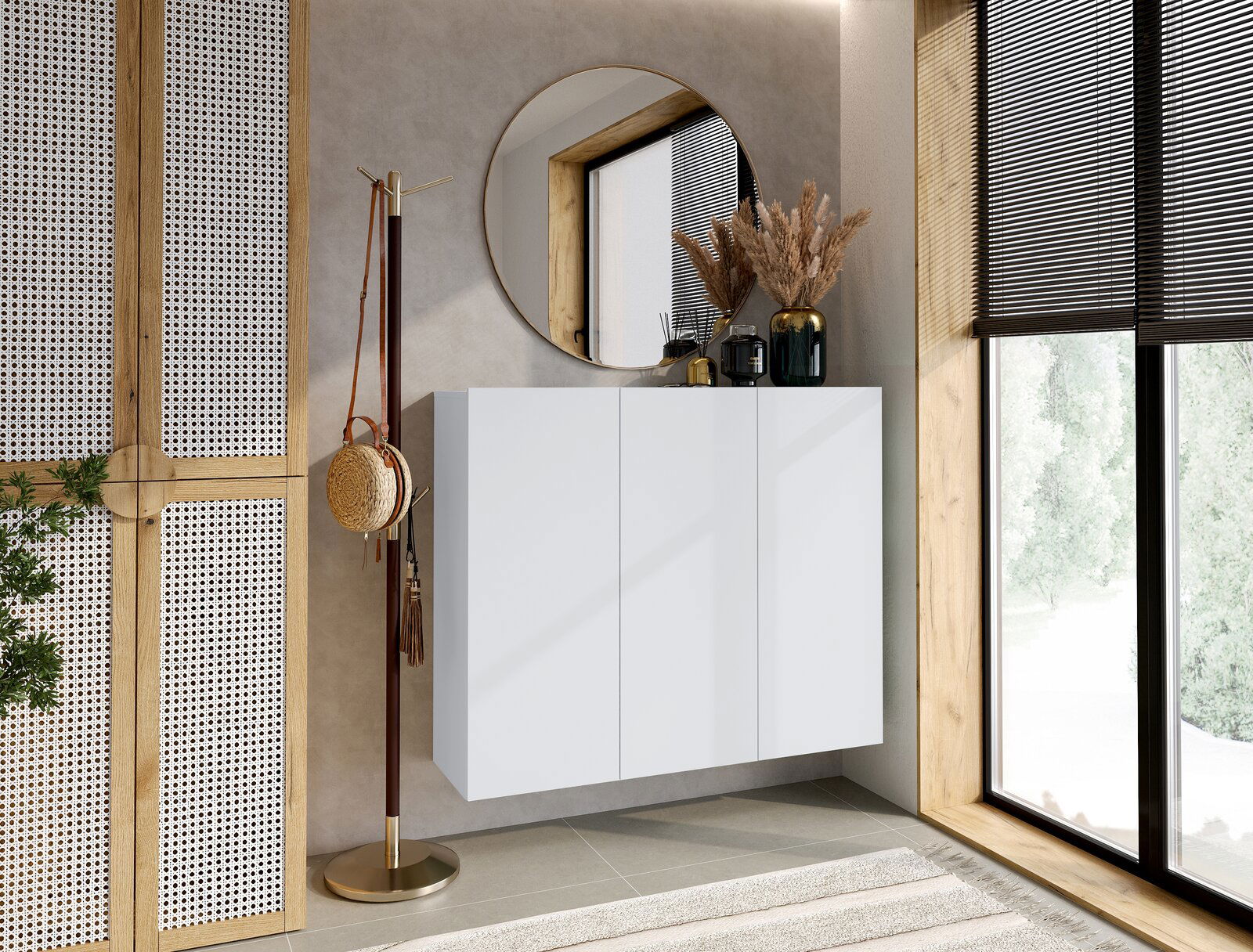 Hom´in Hängeschuhschrank NEWNIQ Moderner weißer Hängeschuhschrank in einem stilvollen Flur, seitliche Perspektive