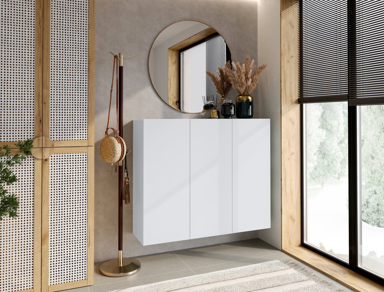 Hom´in Hängeschuhschrank NEWNIQ Moderner weißer Hängeschuhschrank in einem stilvollen Flur, seitliche Perspektive