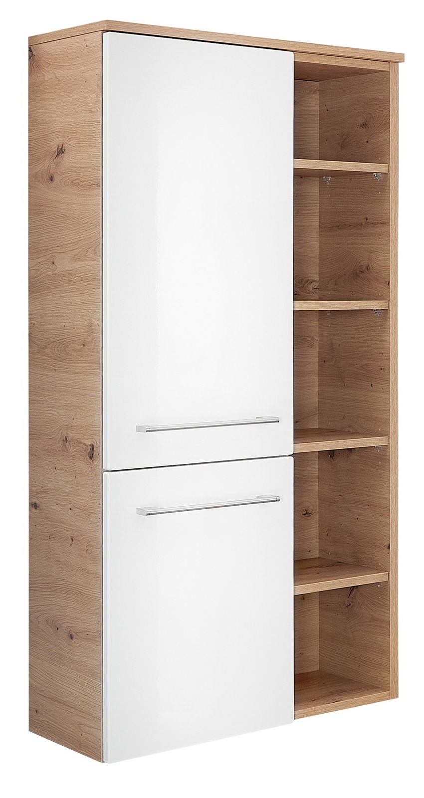 Sadena Midischrank PLAKA Midischrank 50,2 cm mit weißer Hochglanzfront und Holzoptik, seitliche Perspektive