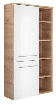 Midischrank 50,2 cm mit weißer Hochglanzfront und Holzoptik, seitliche Perspektive