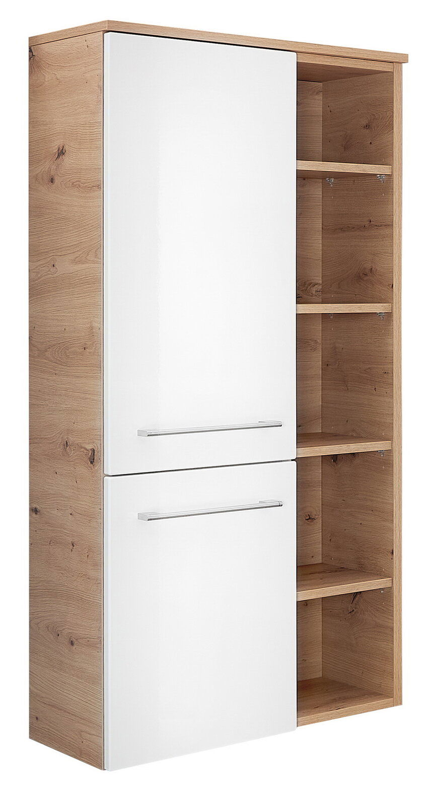 Sadena Midischrank PLAKA Midischrank 50,2 cm mit weißer Hochglanzfront und Holzoptik, seitliche Perspektive