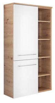 Midischrank 50,2 cm mit weißer Hochglanzfront und Holzoptik, seitliche Perspektive