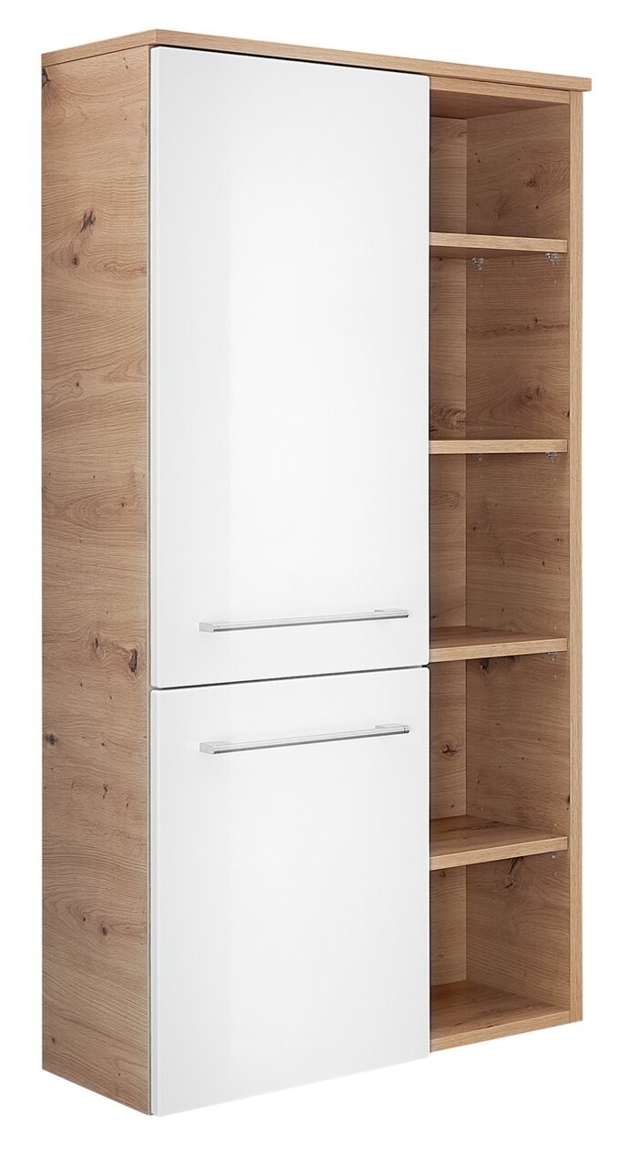 Midischrank 50,2 cm mit weißer Hochglanzfront und Holzoptik, seitliche Perspektive