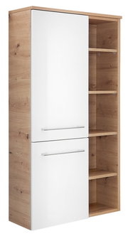 Midischrank 50,2 cm mit weißer Hochglanzfront und Holzoptik, seitliche Perspektive