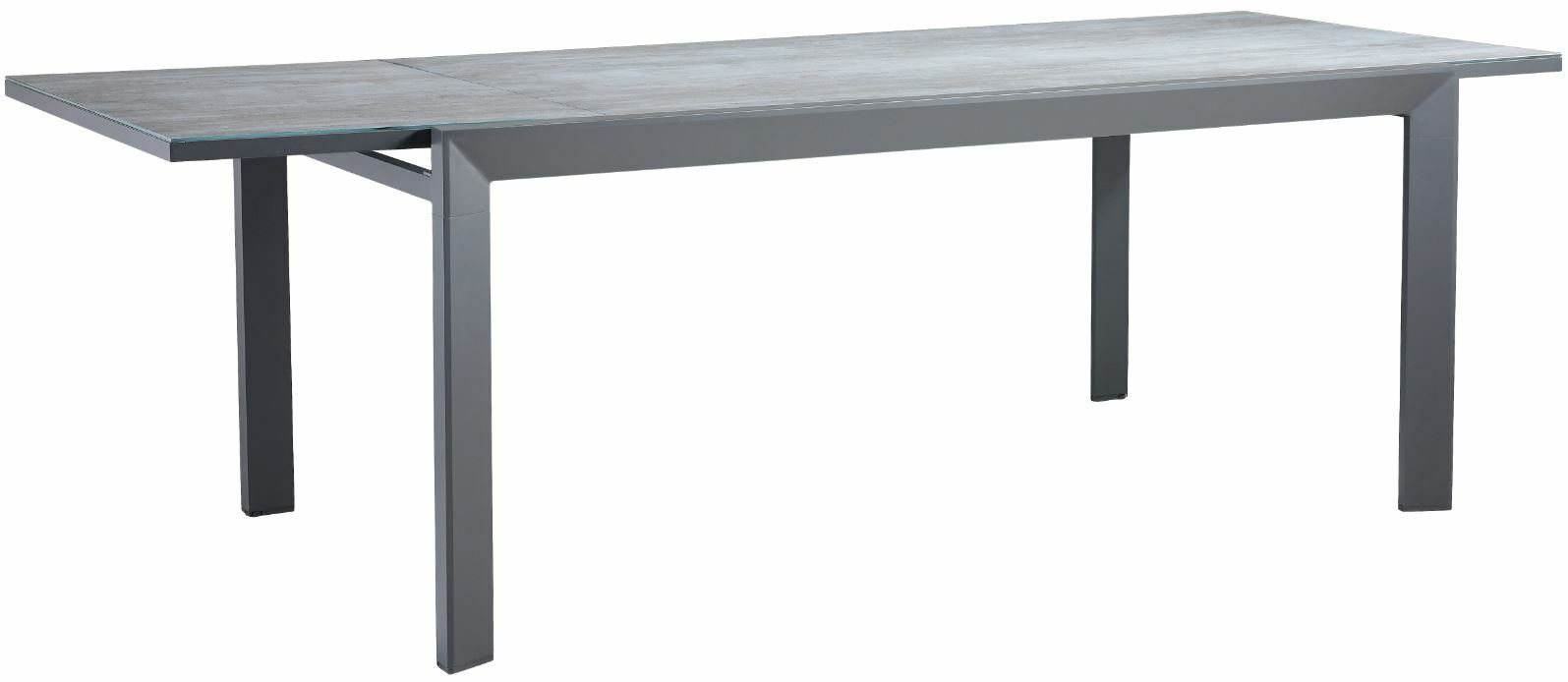 Moderner Gartentisch Ambia TERUEL in rechteckiger Form, seitliche Perspektive, mit grauer Tischplatte und stabilen Metallbeinen.