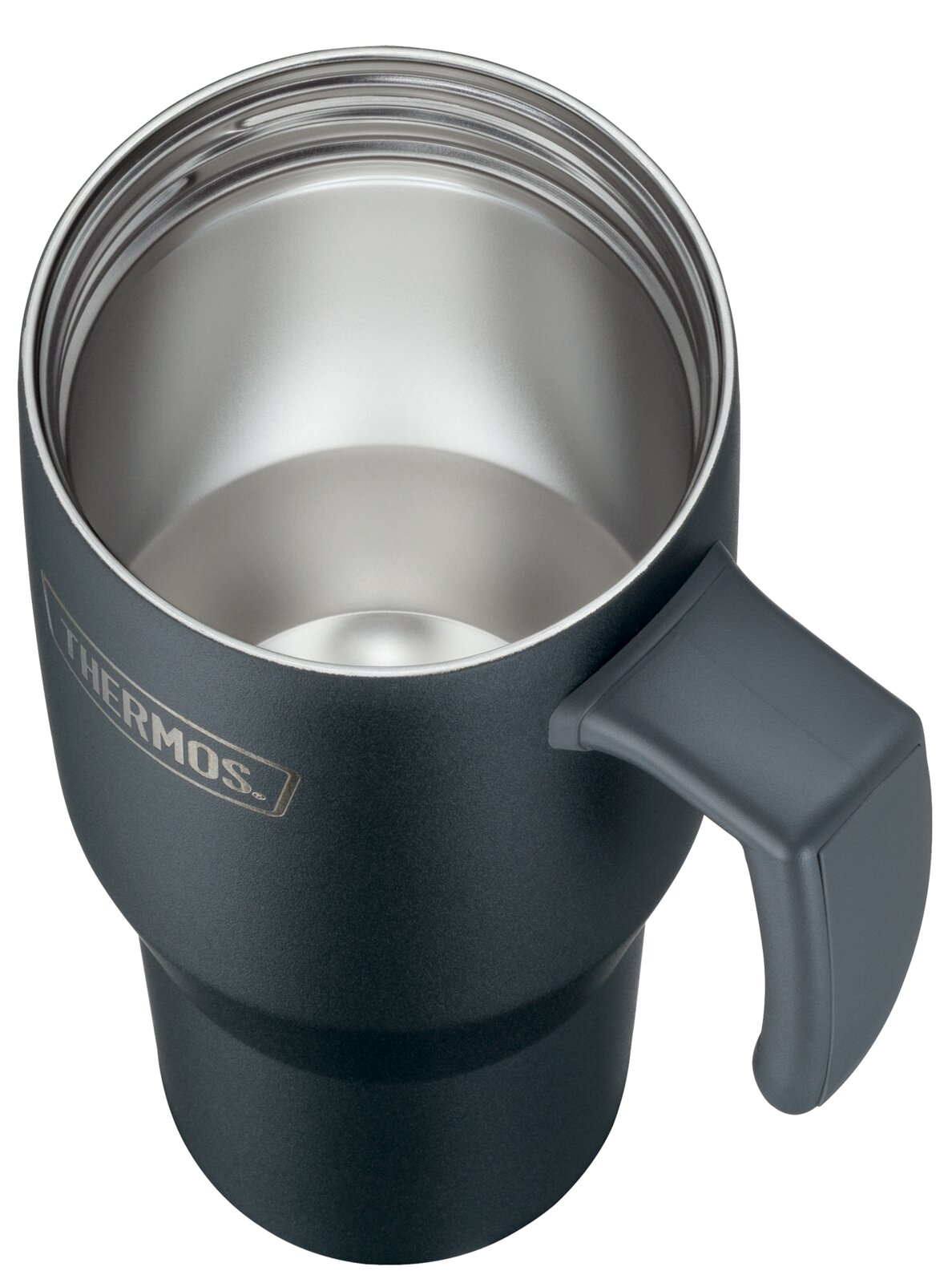 Zwarte Thermos-isoleerbeker met roestvrijstalen binnenzijde en stevige handgreep, schuin van boven gezien