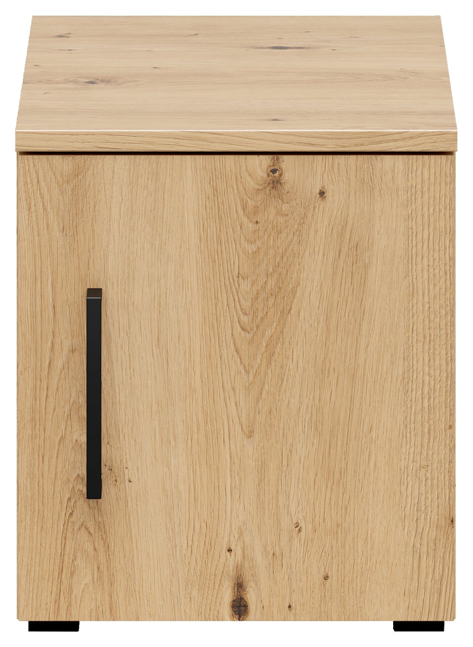 Frontansicht eines hölzernen Aufsatzschranks mit schwarzem Griff