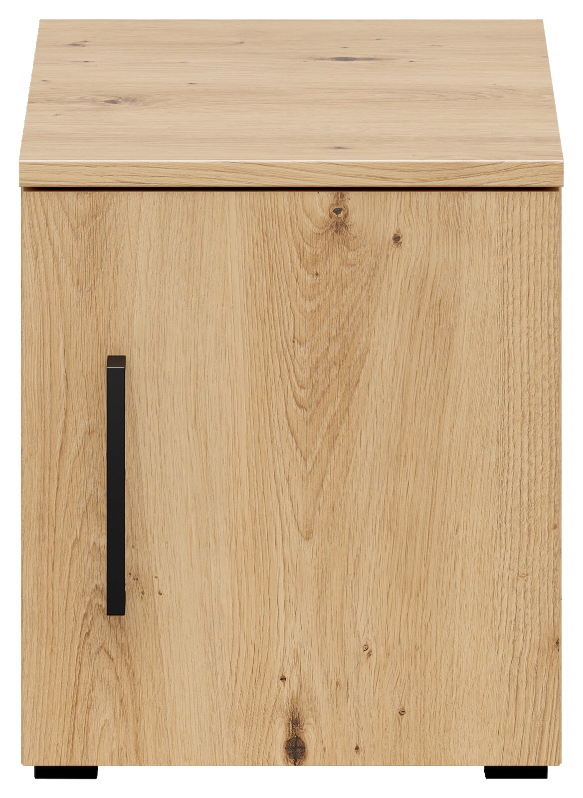 Frontansicht eines hölzernen Aufsatzschranks mit schwarzem Griff