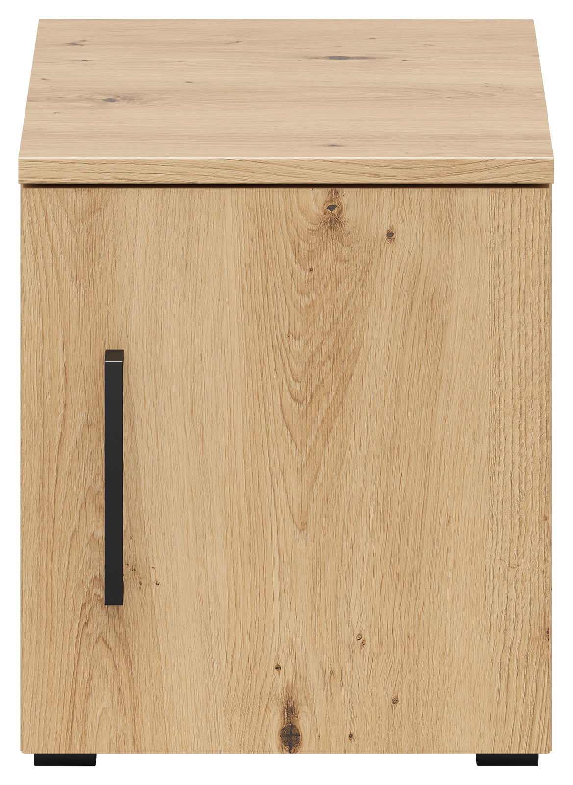 Frontansicht eines hölzernen Aufsatzschranks mit schwarzem Griff