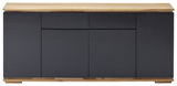 Frontale Ansicht eines XL-Sideboards mit dunklen Türen und einer hellen Holzplatte.