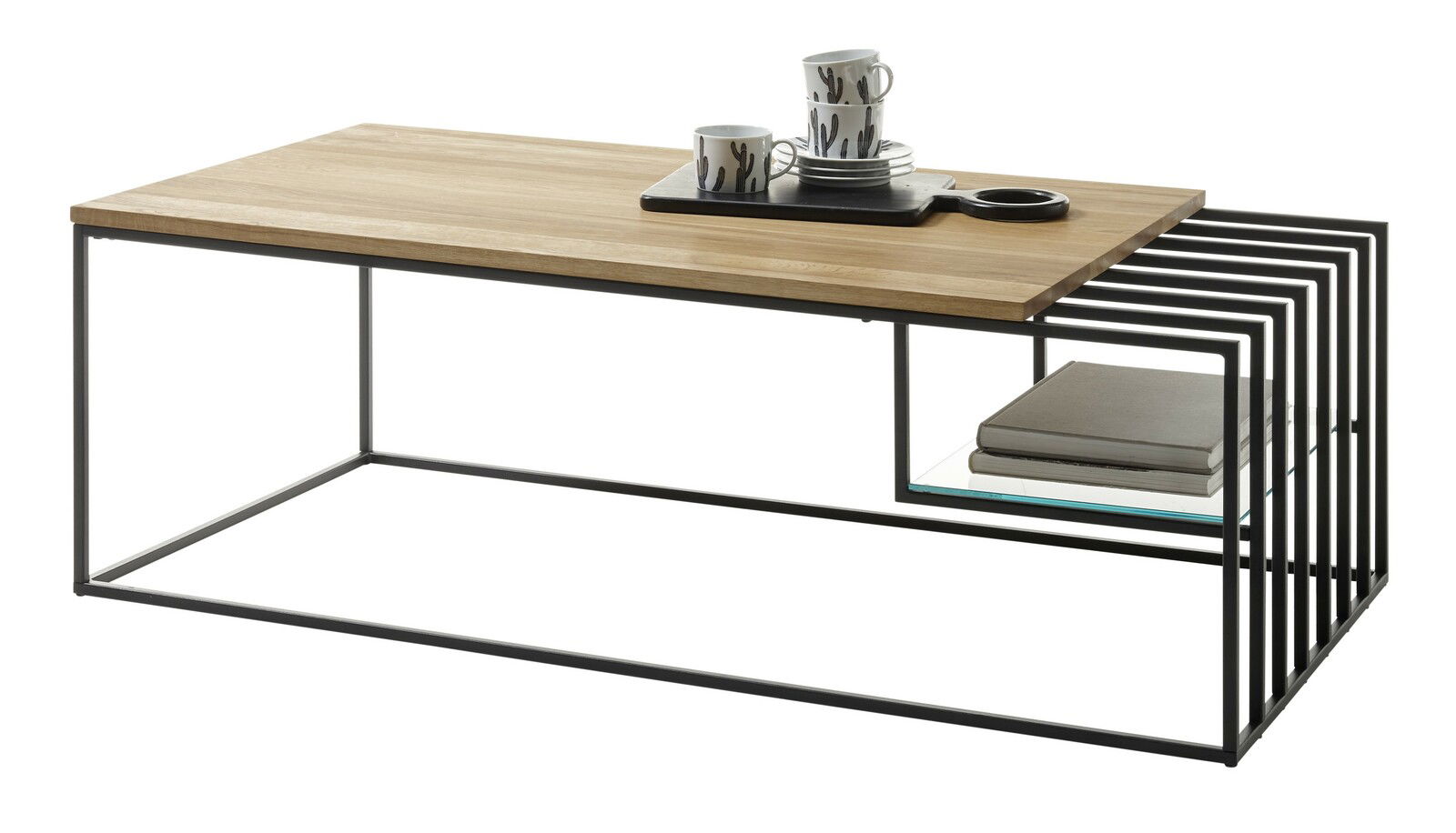 Moderner Couchtisch mit Holzplatte und schwarzem Metallgestell, seitliche Perspektive