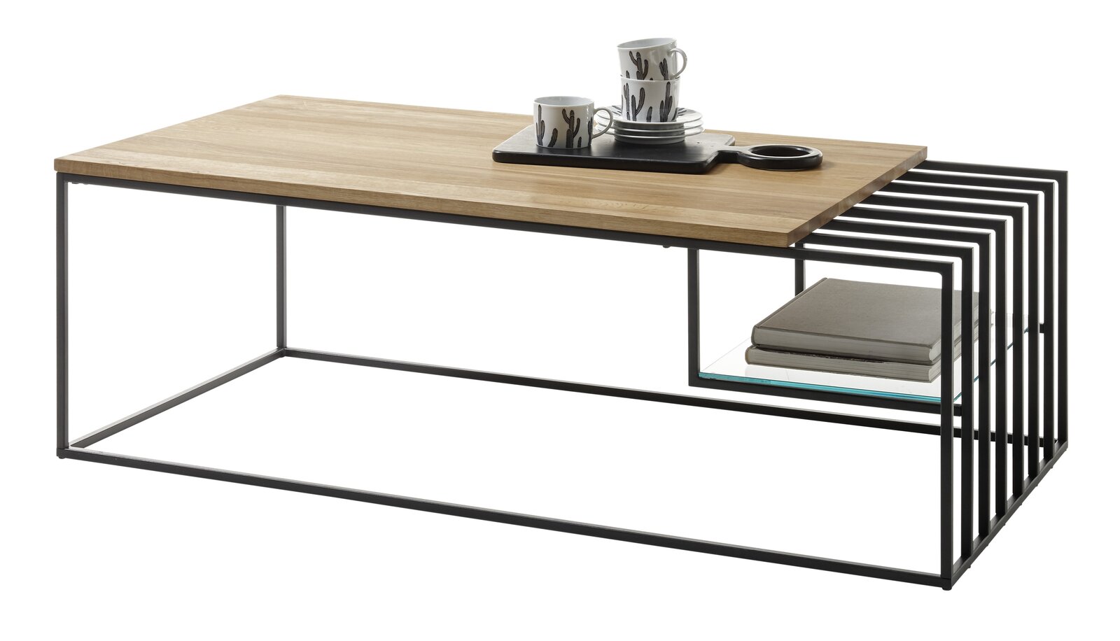 Moderner Couchtisch mit Holzplatte und schwarzem Metallgestell, seitliche Perspektive