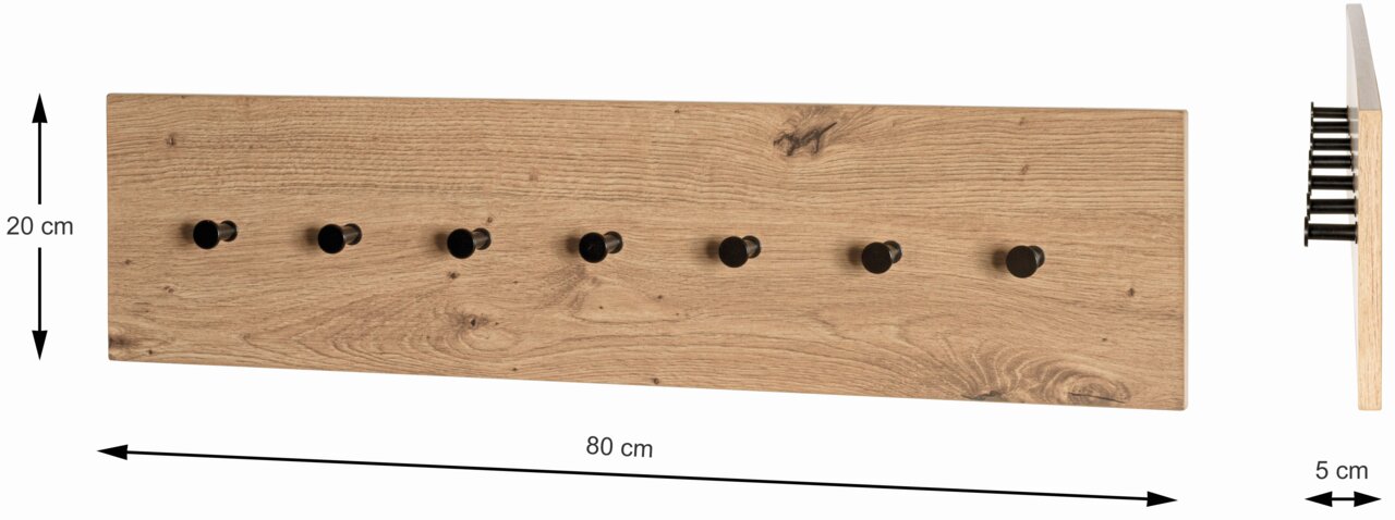 Houten wandkapstok met zes zwarte haken, vooraanzicht en zijaanzicht, afmetingen 80 x 20 x 5 cm