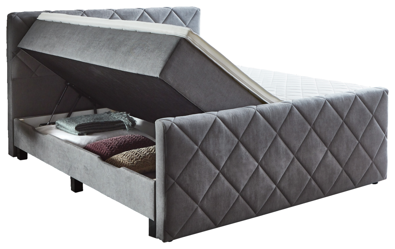 Boxspringbett BX2200 CHESTER in seitlicher Perspektive mit geöffnetem Bettkasten und Stauraum für Decken und Kissen.