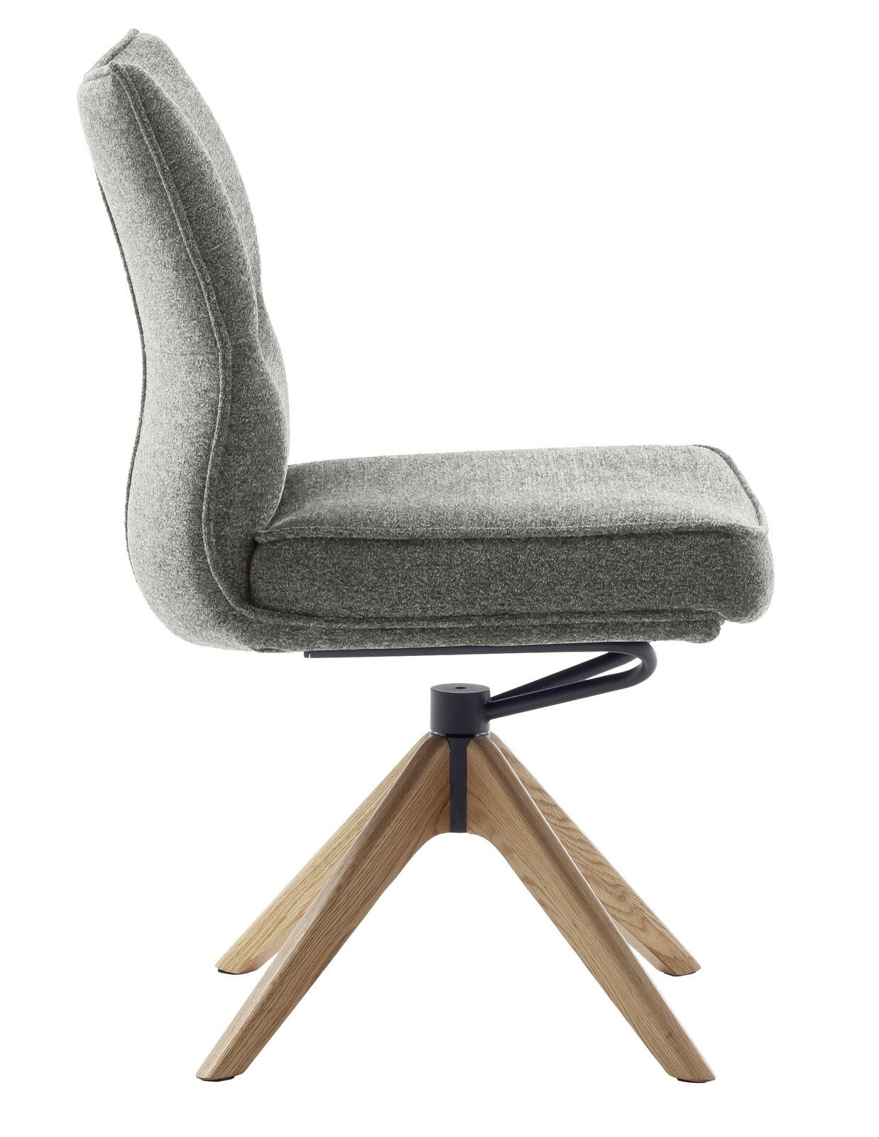 Moderner grauer Stuhl mit gepolsterter Sitzfläche und Rückenlehne, seitliche Ansicht, auf einem Holzgestell mit vier Beinen.