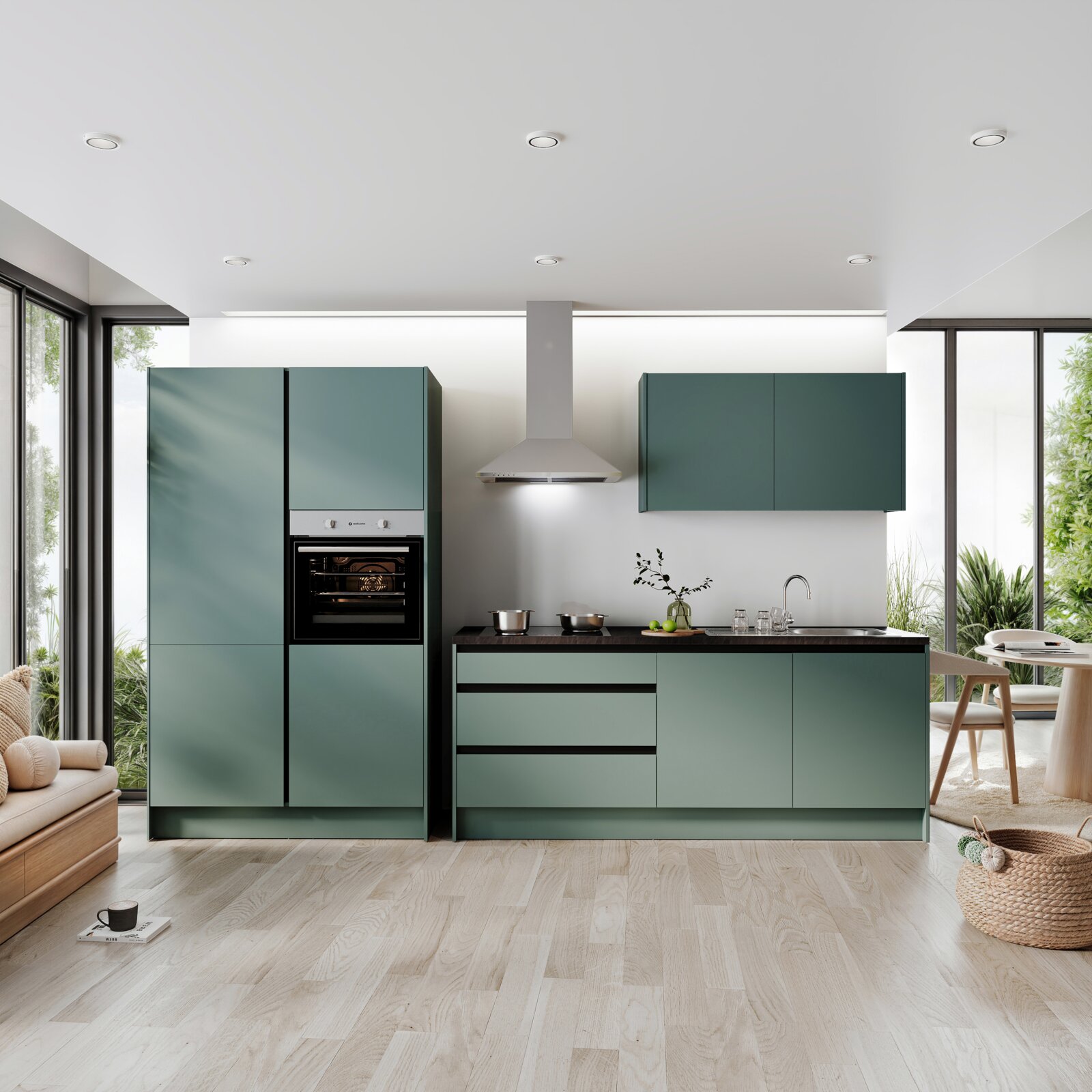 Moderne keuken in groene kleur met inbouwapparatuur, kasten en werkblad, gezien vanaf de voorkant.