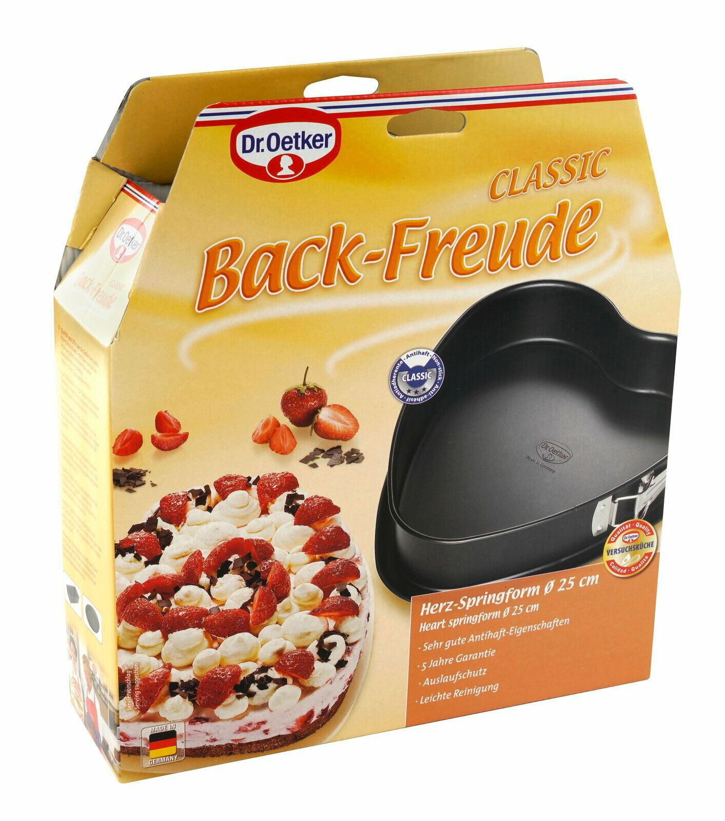 Herzförmige Springform 25 cm von Dr. Oetker, Verpackung mit Kuchenabbildung, seitliche Perspektive