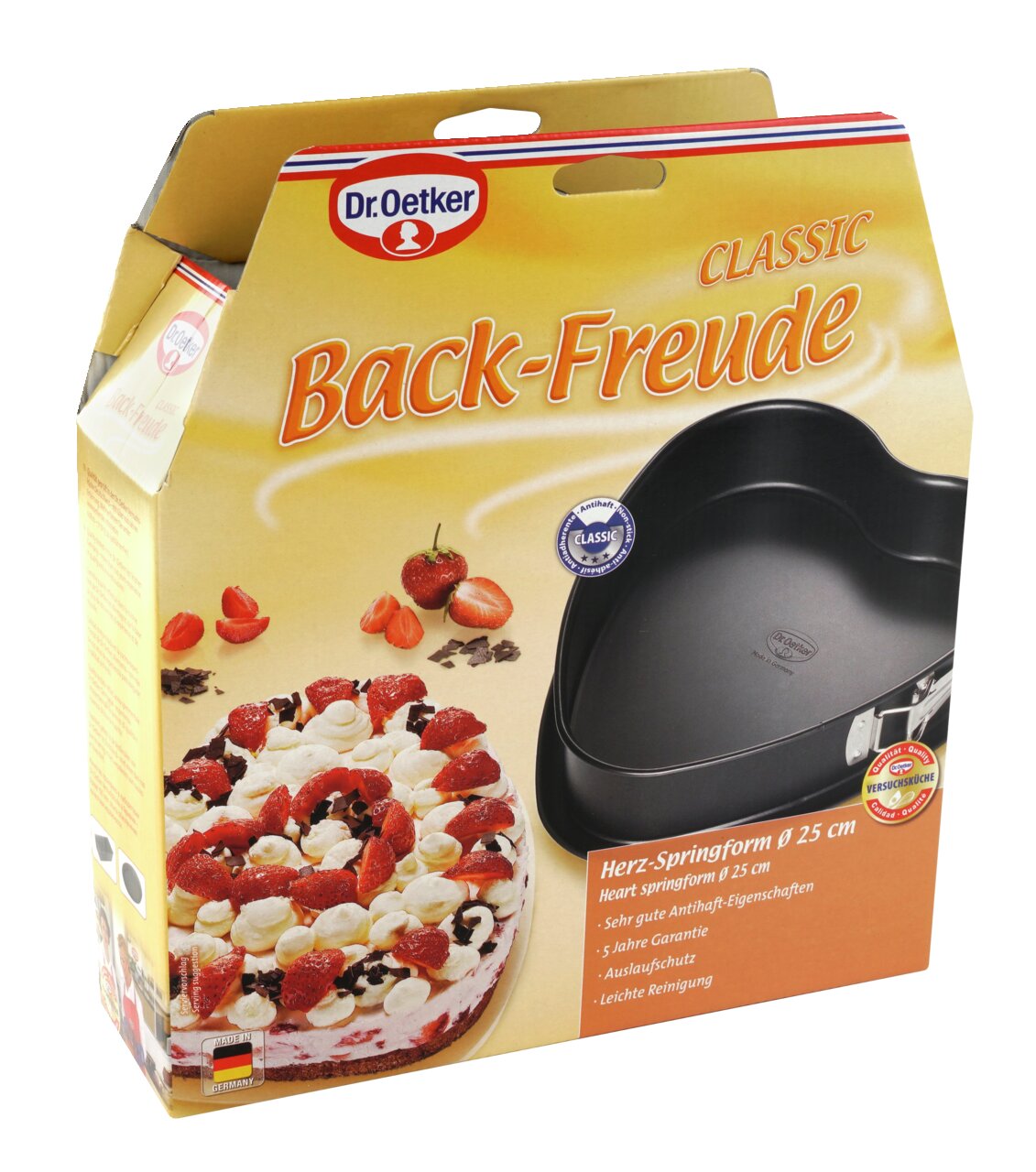 Herzförmige Springform 25 cm von Dr. Oetker, Verpackung mit Kuchenabbildung, seitliche Perspektive