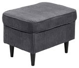 Grauer Hocker mit geripptem Stoffbezug und schwarzen Beinen, seitliche Perspektive