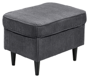 Grauer Hocker mit geripptem Stoffbezug und schwarzen Beinen, seitliche Perspektive