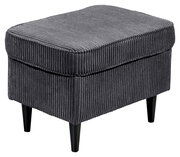 Grauer Hocker mit geripptem Stoffbezug und schwarzen Beinen, seitliche Perspektive