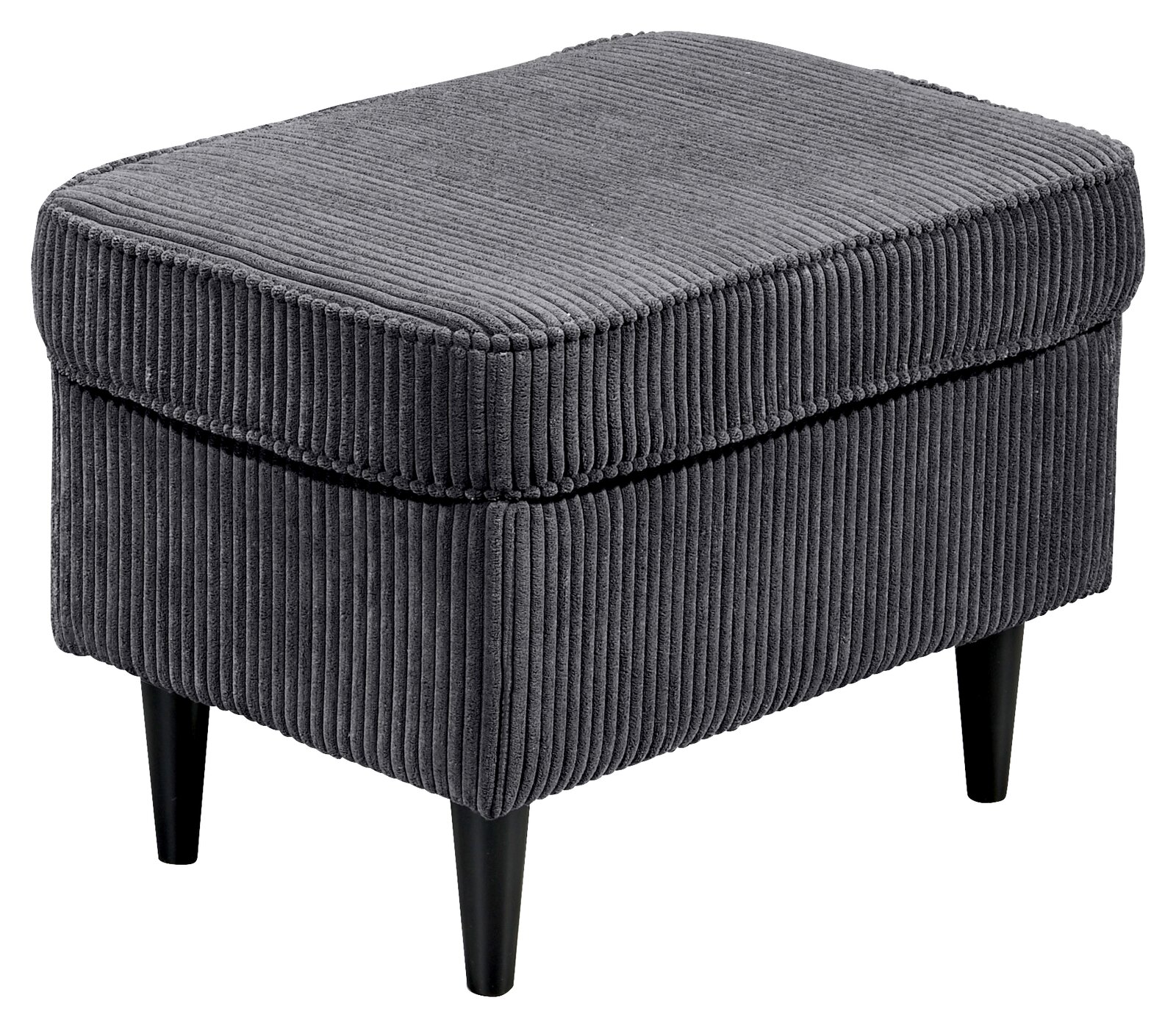 Grauer Hocker mit geripptem Stoffbezug und schwarzen Beinen, seitliche Perspektive