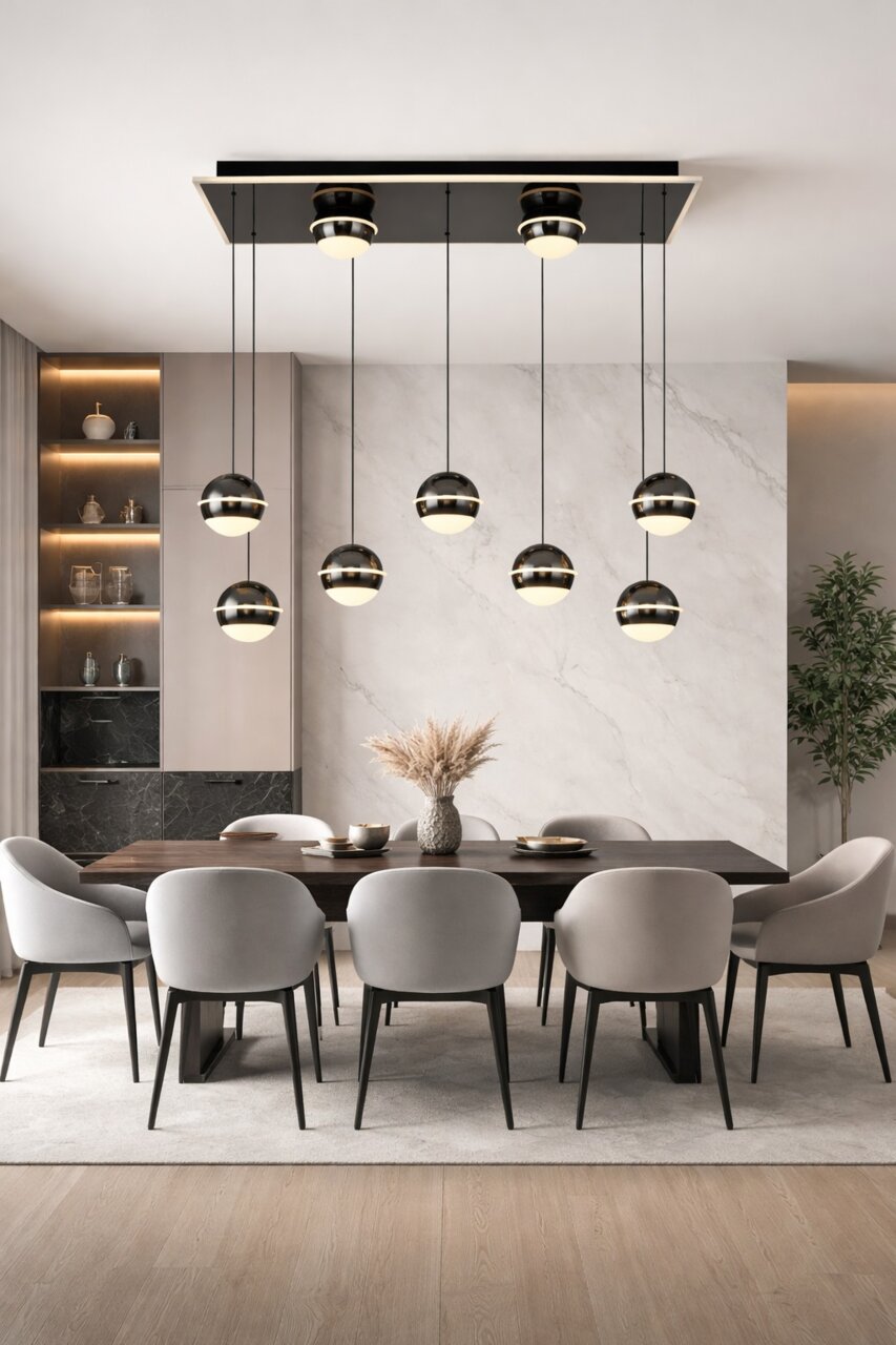 Moderne LED-hanglamp met meerdere bolvormige lampen, hangend boven een elegante eettafel in een stijlvol ingerichte ruimte. Aanzicht van voren.